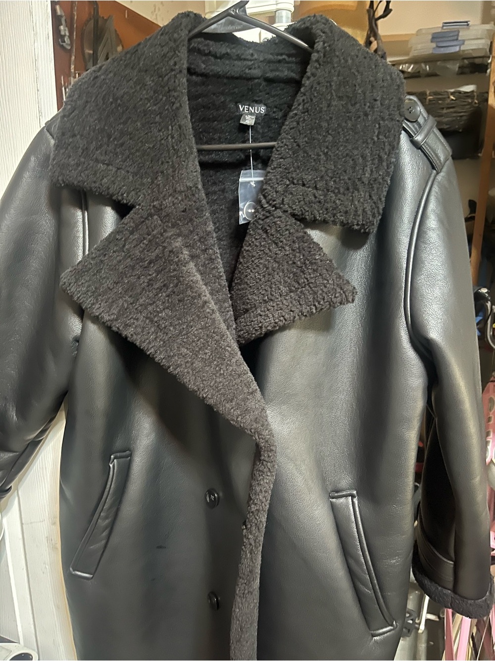 VENUS Black Faux Leather Trench Coat with Shearling Trim